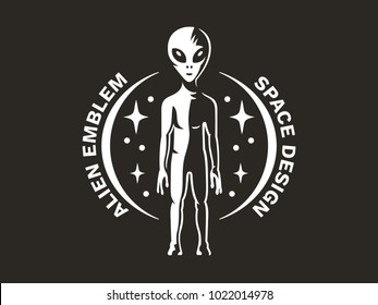 The alien stands in full growth against the sky, stars and distant planets - emblem, vector illustration, print, sticker set on a black background.