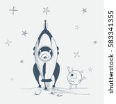 alien startup on a rocket to space.Cute humanoid wished good luck to him.Hand drawn vector illustration
