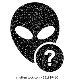 Alien Status grainy textured icon for overlay watermark stamps. Flat symbol with dirty texture. Dotted vector black ink rubber seal stamp with grunge design on a white background.