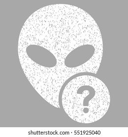 Alien Status grainy textured icon for overlay watermark stamps. Flat symbol with dirty texture. Dotted vector white ink rubber seal stamp with grunge design on a silver background.