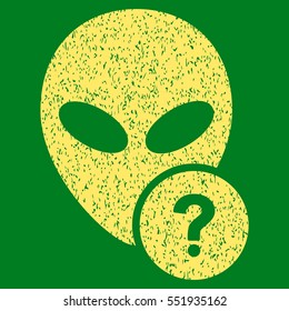 Alien Status grainy textured icon for overlay watermark stamps. Flat symbol with dirty texture. Dotted vector yellow ink rubber seal stamp with grunge design on a green background.