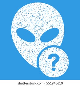 Alien Status grainy textured icon for overlay watermark stamps. Flat symbol with dust texture. Dotted vector white ink rubber seal stamp with grunge design on a blue background.