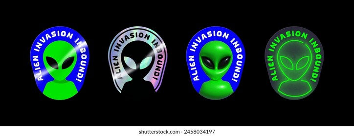 Alien sticker in different styles. Set sticker holographic, inflated and neon. Space theme with aliens, ufo. Vector illustration