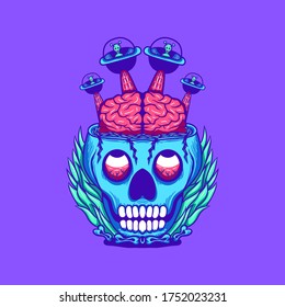 alien stole skull brain vector illustration