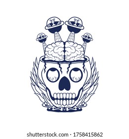 alien stole skull brain vector Line art illustration