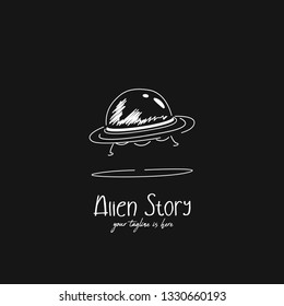 Alien story logo with ufo unidentified flying object in doodle scribble hand drawing kid illustartion icon symbol