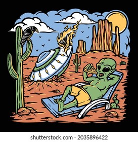 alien stranded in the desert illustration