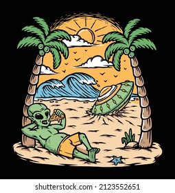 alien stranded and stuck on the beach illustration