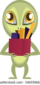 Alien with stuff in box, illustration, vector on white background.