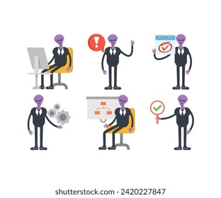 alien in suit characters set vector illustration