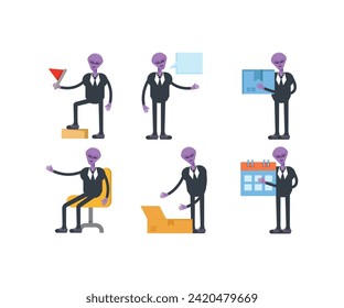 alien in suit characters set vector illustration