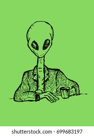 Alien in Suit  and wearing a watch. Drinks via a Cup. Doodle Art in green background. Editable Clip Art.