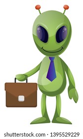 Alien with suitcase, illustration, vector on white background.