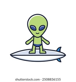 Alien surfer on waves. This fun illustration shows an extraterrestrial being riding a surfboard, hinting at the possibility of extraterrestrial life and aquatic activities beyond our planet.