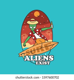 Alien Surfing Beach Summer Illustration