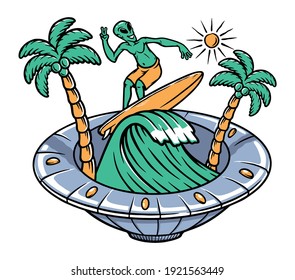 Alien surfing inside ufo illustration