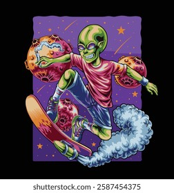 Alien surfing on galaxy with detail color vector illustration