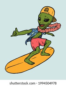 Saka de surf alienígena. Personaje de surf infantil alienígena en sombrero de béisbol y camisa y corona hawaiana que muestra el signo shaka en ilustración vectorial aislada.