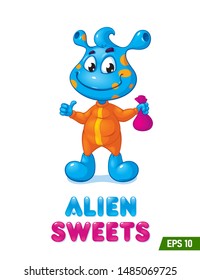 Alien with a surprise in a pouch vector character illustration art. Mascot play funny pictures. Blue alien kid baby smile funny sweet