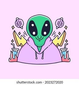 Alien in sweater with bolt and planet illustration. Vector graphics for t-shirt prints and other uses.