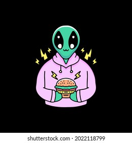 alien in sweater holding burger illustration. Vector graphics for t-shirt prints and other uses.