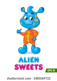 Alien Sweets everything is super vector character illustration art. Mascot play funny pictures. Blue alien kid baby smile funny sweet