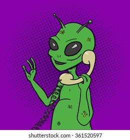 Alien talking phone pop art style vector illustration. Comic book style imitation