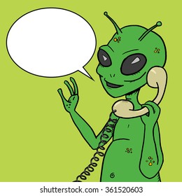Alien talking phone pop art style vector illustration. Comic book style imitation