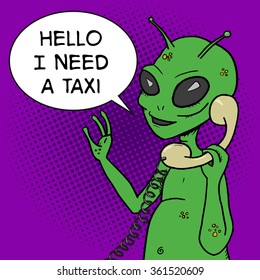 Alien talking phone pop art style vector illustration. Comic book style imitation