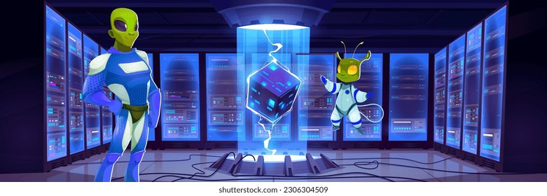 Alien team in spaceship data center room vector. Blockchain cube and cloud storage technology solution illustration. hosting system hardware in warehouse with rack full of computer equipment inside.