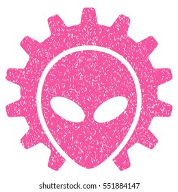 Alien Technology grainy textured icon for overlay watermark stamps. Flat symbol with dirty texture. Dotted vector pink ink rubber seal stamp with grunge design on a white background.