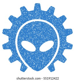 Alien Technology grainy textured icon for overlay watermark stamps. Flat symbol with unclean texture. Dotted vector cobalt ink rubber seal stamp with grunge design on a white background.