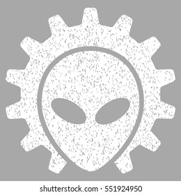 Alien Technology grainy textured icon for overlay watermark stamps. Flat symbol with dust texture. Dotted vector white ink rubber seal stamp with grunge design on a silver background.