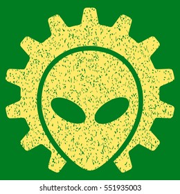 Alien Technology grainy textured icon for overlay watermark stamps. Flat symbol with scratched texture. Dotted vector yellow ink rubber seal stamp with grunge design on a green background.