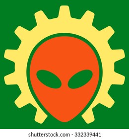 Alien Technology vector icon. Style is flat bicolor orange and yellow symbol, rounded angles, green background.