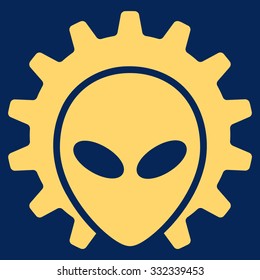 Alien Technology vector icon. Style is flat yellow symbol, rounded angles, blue background.