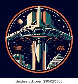 Alien technology vintage element colorful flying saucer in starry sky to move between planets and words UFO area vector illustration