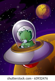Alien Teddy Bear Cartoon Character in a Flying Saucer