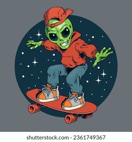 Alien teenager humanoid rides on skateboard through the space. Comic style vector illustration.