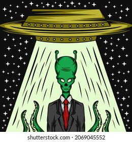 Alien and tentacle illustration design wearing office coat with ufo