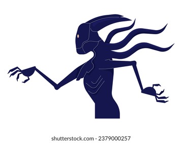 Monstruo aterrador alienígena con caricatura lineal 2D de las chicas. El invasor extraterrestre escalofriante con garras manos aisladas línea vector personage fondo blanco. Ilustración de manchas planas de color de horror