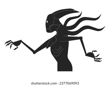 Alien terrifying monster with gills black and white 2D line cartoon character. Walking creepy alien invader with claws hands isolated vector outline personage. Monochromatic flat spot illustration