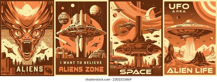 Alien territory monochrome set flyers with aliens moving around galaxy on flying saucers and space futuristic cities vector illustration