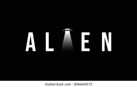 Alien text logo with ufo vector illustration