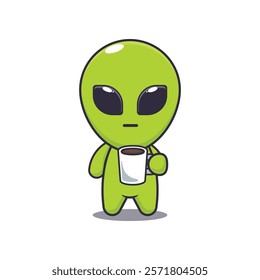 alien is tired and sleepy holding coffee. mascot cartoon character vector illustration. design element for poster, brochure, web, mascot, sticker, logo and icon.