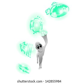 Alien touching control panel on the white background