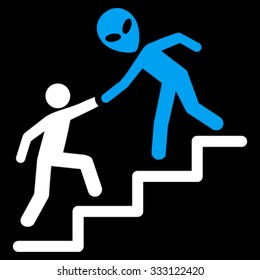 Alien Training Help vector icon. Style is bicolor flat symbol, blue and white colors, rounded angles, black background.