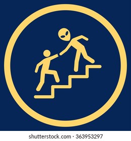 Alien Training Help vector icon. Style is flat circled symbol, yellow color, rounded angles, blue background.