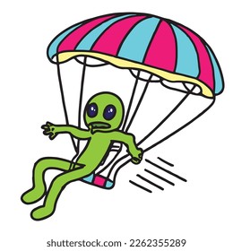 alien travel in parachute, Colorful vector design. isolated on white background. 