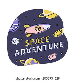 Alien travels the universe on space rocket. Cute isolated illustration for sticker, poster.
